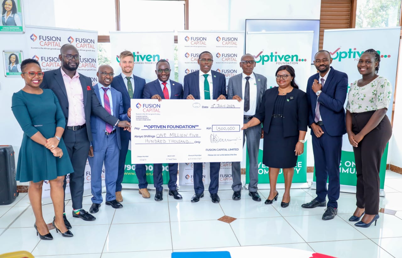 Fusion Capital and  Optiven Foundation team during handover ceremony of Kshs1.5 million from Fusion Capital to Optiven Foundation